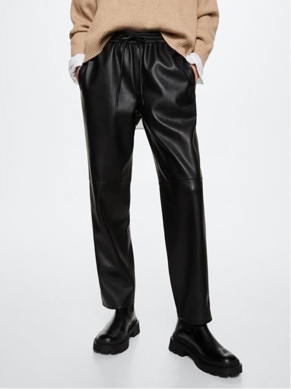 MANGO Faux Leather Tie Waist Pants – Black Small New NWR
